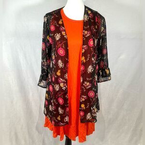 Bright orange shift dress with pockets and kimono floral wrap top size large